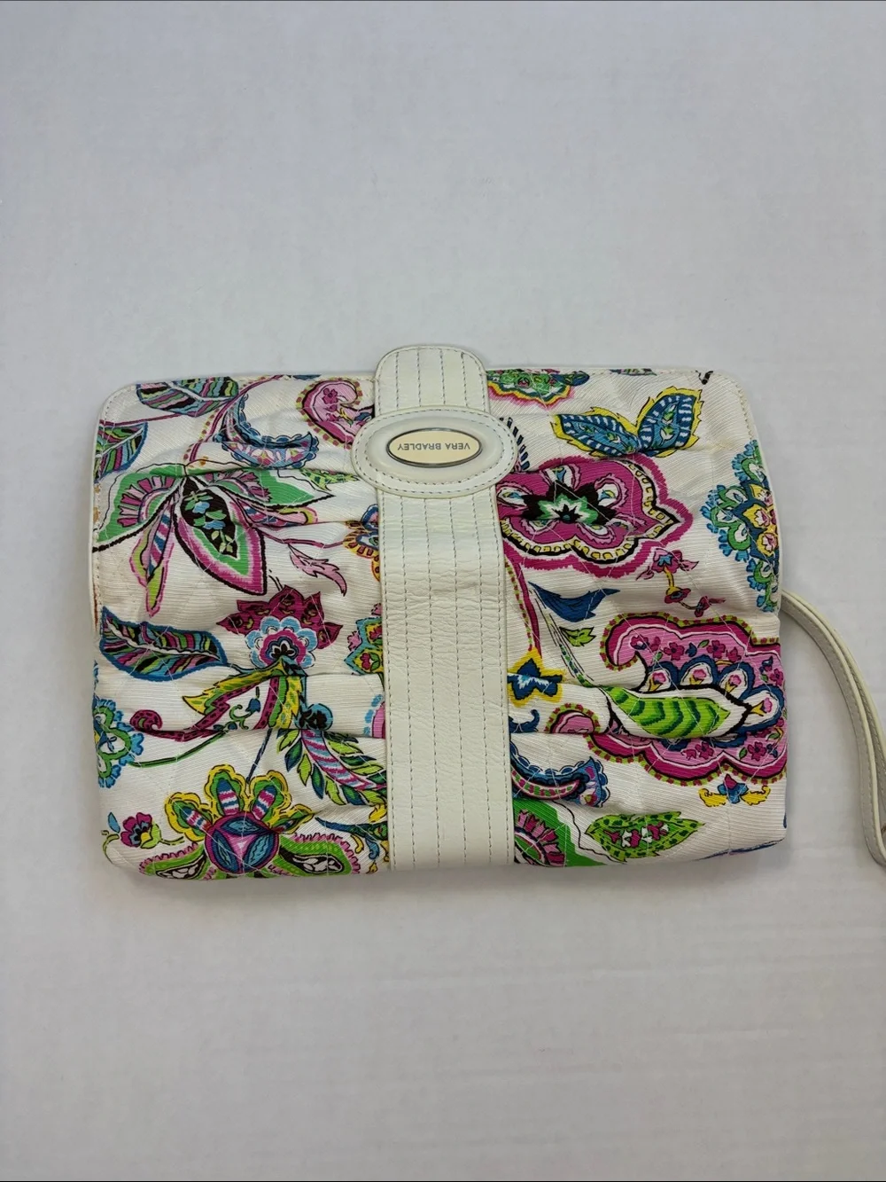 Vera Bradley Paisley Floral Trifold Wallet Wristlet White Pink OS